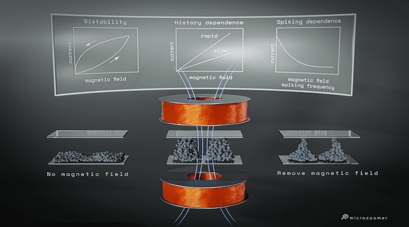 The shape and conductivity of the pillars formed by magnetic beads in a magnetic field depend on the fields' strength and history. CREDIT: Olli Ikkala / Aalto University