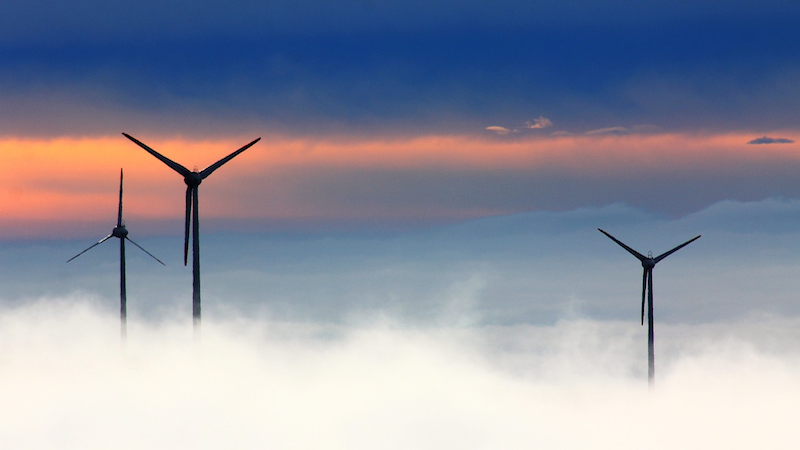 Windmills Clouds Fog Wind Power Wind Park Turbine