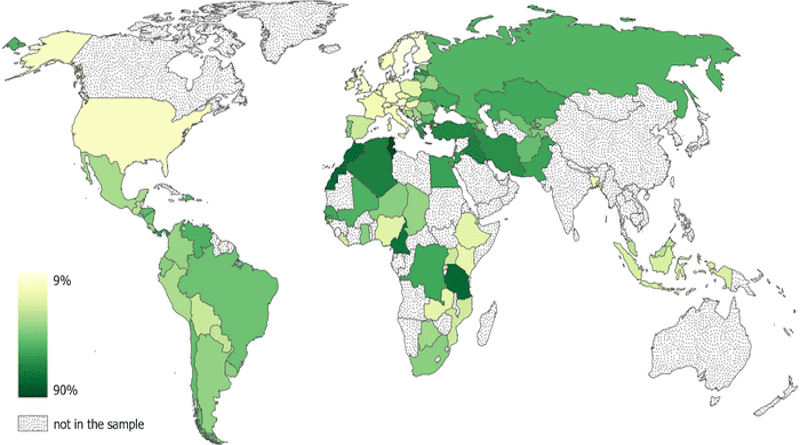 A map showing country-level prevalence of witchcraft beliefs around the world. CREDIT Boris Gershman, 2022, PLOS ONE, CC-BY 4.0 (https://creativecommons.org/licenses/by/4.0/)
