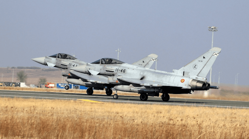 A Spanish Eurofighter twoship ´taking off in parallel at Bezmer Air Base, Bulgaria. The Spanish jets are currently supporting NATO's enhanced defensive posture along the eastern flank. Archive photo courtesy Bulgarian Air Force.