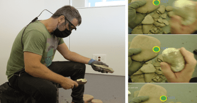 Carver during the making of a biface with eye-tracking glasses and carving sequence. The circle indicates the position of the gaze/María Silva Gago