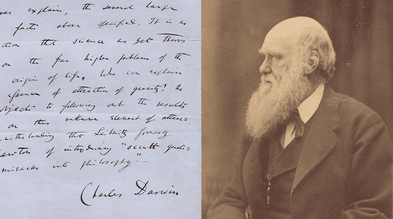 Darwin’s hand-written quote from Origin of Species (left) for the Autographic Mirror magazine.