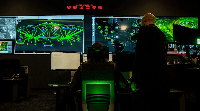 Personnel at Marine Corps Forces Cyberspace Command work in the cyber operations center at Lasswell Hall on Fort Meade, Maryland, Feb. 5, 2020. Photo Credit: Marine Corps Staff Sgt. Jacob Osborne