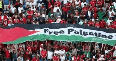 Tunisian fans fly the Palestinian flag during the game against Australia, Al-Janoub Stadium, Qatar. Photo Credit: Tasnim News Agency