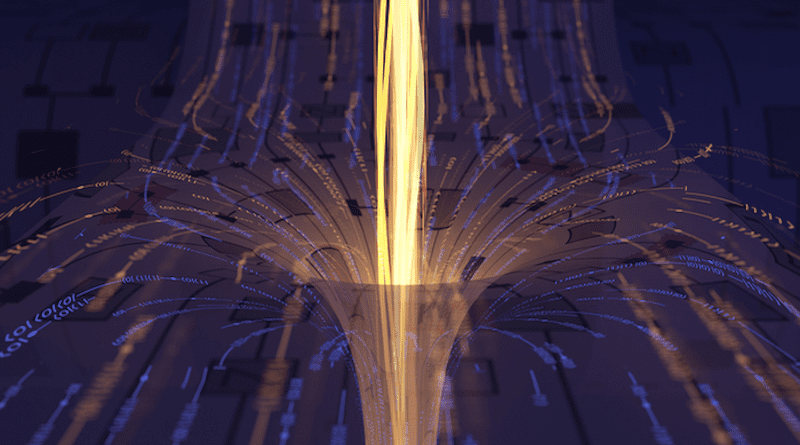 Artwork depicting a quantum experiment that studies traversable wormholes. CREDIT: inqnet/A. Mueller (Caltech)