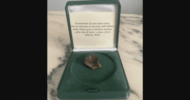 Major Archbishop Sviatoslav Shevchuk gave Pope Francis a fragment from a Russian mine that destroyed the front of a church in Irpin, Ukraine, in March 2022. Photo Credit: Ukrainian Greek Catholic Church