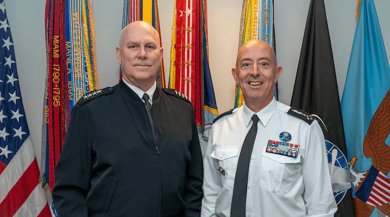 Navy Adm. Christopher W. Grady, vice chairman of the Joint Chiefs of Staff, meets with French Air Force Gen. Philippe Lavigne, commander of NATO’s Allied Command Transformation, at the Pentagon, Washington, D.C., Nov. 7, 2022. Photo Credit: Navy Chief Petty Officer Carlos M. Vazquez II, DOD