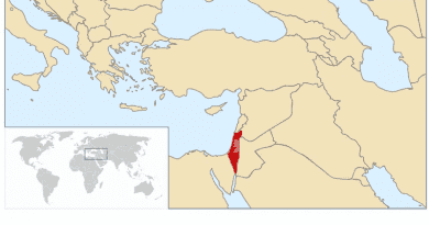 Locations of Israel (red) and Palestine (pink). Credit: Wikipedia Commons