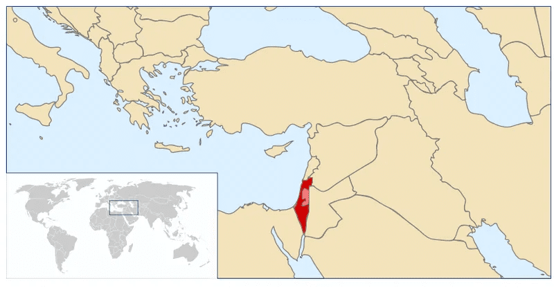 Locations of Israel (red) and Palestine (pink). Credit: Wikipedia Commons