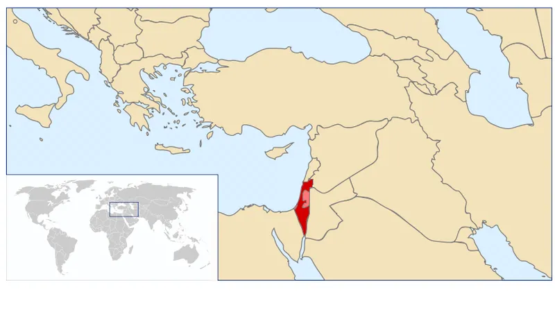 Locations of Israel (red) and Palestine (pink). Credit: Wikipedia Commons