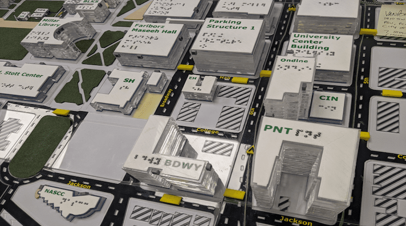 A 3D tactile map of the Portland State University campus, located in the lobby of PSU's student union. CREDIT: Lacey Friedl