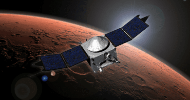 Illustration of MAVEN spacecraft in orbit of Mars. CREDIT: NASA
