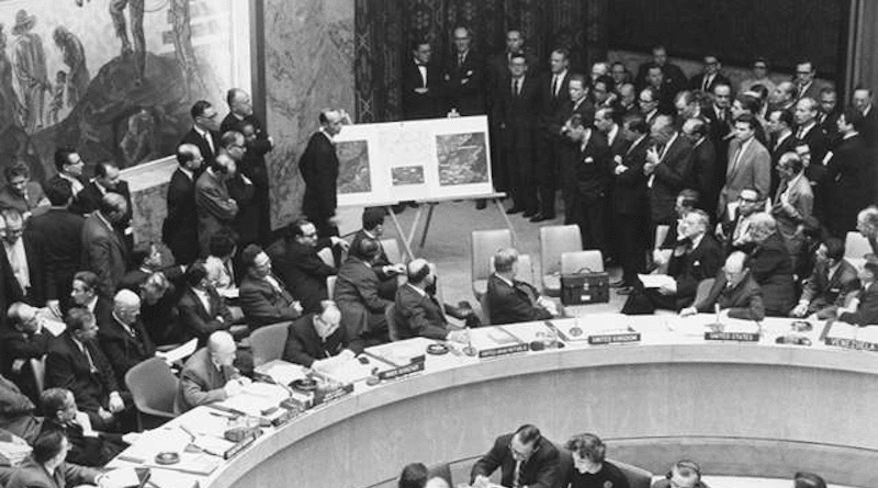 Adlai Stevenson shows aerial photos of Cuban missiles to the United Nations. Photo Credit: US Government, Unknown photographer, Wikipedia Commons