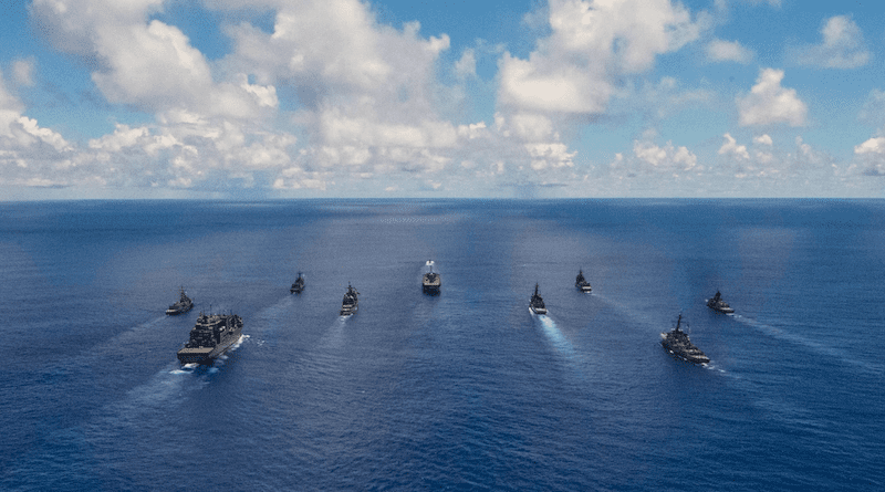 Ships and aircraft from Australia, Japan, Republic of Korea, and U.S. naval forces transit in formation as part of Pacific Vanguard (PACVAN). Photo Credit: U.S. Navy photo by Naval Aircrewman (Tactical Helicopter) 2nd Class Ronald Pierpoint