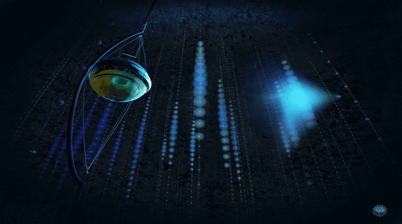 When a neutrino interacts with molecules in the clear Antarctic ice, it produces secondary particles that leave a trace of blue light as they travel through the IceCube detector. CREDIT: Image: Nicolle R. Fuller, IceCube/NSF