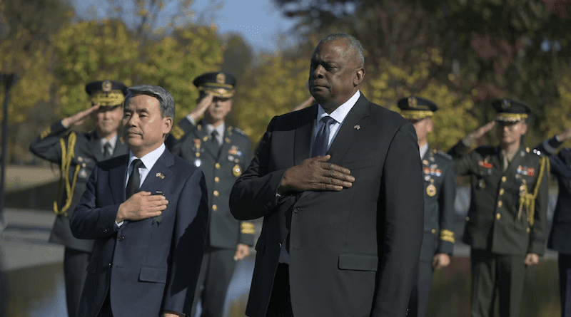 Secretary of Defense Lloyd J. Austin III and South Korean Defense Minister Lee Jong-sup take part in a ceremony at the Korean War Memorial in Washington, D.C., Nov. 3, 2022. Photo Credit: Chad McNeeley, DOD