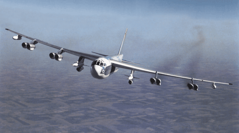 The AGM-28 “Hound Dog” cruise missile was designed exclusively for carriage under the wings of the B-52 Stratofortress bomber. Two Hound Dogs can be seen on the special pylons which are closest to the fuselage and installed at Tinker Air Force Base, Okla. Photo Credit: Courtesy of Tinker Air Force Base History Office