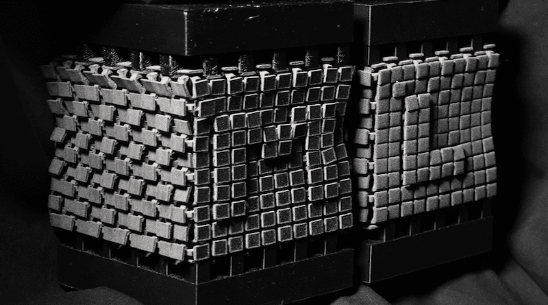 Two combinatorial mechanical metamaterials designed in such a way that the letters M and L bulge out in the front when being squeezed between two plates (top and bottom). Designing novel metamaterials such as this is made easy by AI. Image: Daan Haver and Yao Du. CREDIT: UvA