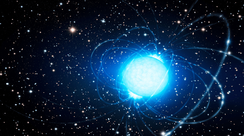 This artist’s impression shows a magnetar in the star cluster Westerlund 1. CREDIT: ESO/L. Calçada. https://www.eso.org/public/images/eso1415a/