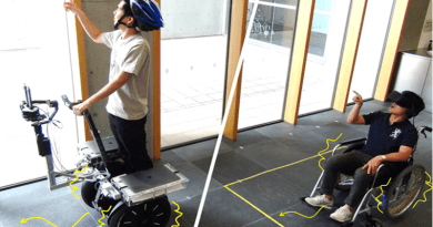 A modified wheelchair unit recreates the acceleration of a Segway for a remote user, reducing VR sickness. CREDIT: Tokyo Metropolitan University