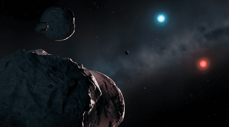 Artist’s impression of the old white dwarfs WDJ2147-4035 and WDJ1922+0233 surrounded by orbiting planetary debris, which will accrete onto the stars and pollute their atmospheres. WDJ2147-4035 is extremely red and dim, while WDJ1922+0233 is unusually blue. Credit: University of Warwick/Dr Mark Garlick