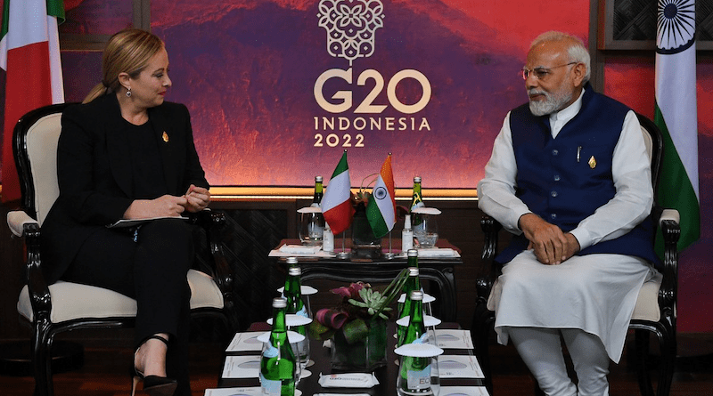 Giorgia Meloni, Prime Minister of Italy with India's Prime Minister Narendra Modi on the sidelines of the G-20 Summit in Bali. Photo Credit: PM India