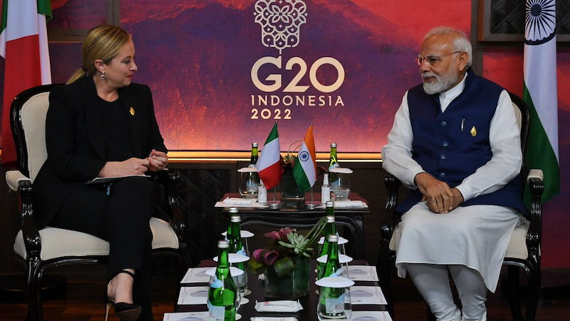 Giorgia Meloni, Prime Minister of Italy with India's Prime Minister Narendra Modi on the sidelines of the G-20 Summit in Bali. Photo Credit: PM India