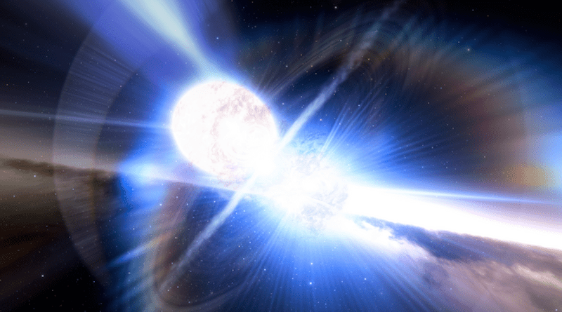 This artist's impression shows a kilonova produced by two colliding neutron stars. While studying the aftermath of a long gamma-ray burst (GRB), two independent teams of astronomers using a host of telescopes in space and on Earth, including the Gemini North telescope on Hawai‘i and the Gemini South telescope in Chile, have uncovered the unexpected hallmarks of a kilonova, the colossal explosion triggered by colliding neutron stars. CREDIT: NOIRLab/NSF/AURA/J. da Silva/Spaceengine
