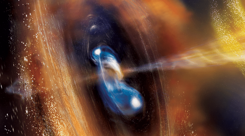 Two neutron stars begin to merge in this illustration, blasting a jet of high-speed particles and producing a cloud of debris. Scientists think these kinds of events are factories for a significant portion of the universe’s heavy elements, including gold. CREDIT: A. Simonnet (Sonoma State Univ.) and NASA’s Goddard Space Flight Center