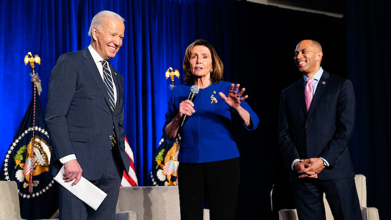 Hakeem Jeffries with Speaker Nancy Pelosi and President Joe Biden. Photo Credit: The White House, Wikipedia Commons