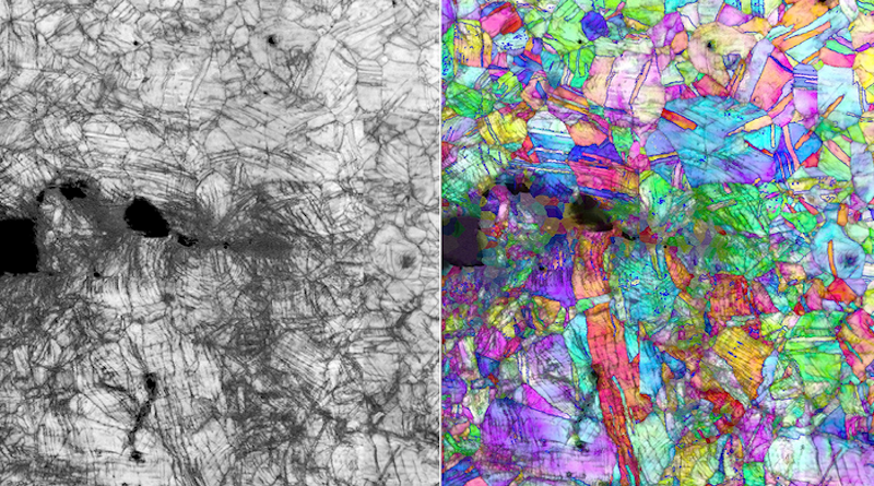 Microscopy-generated images showing the path of a fracture and accompanying crystal structure deformation in the CrCoNi alloy at nanometer scale during stress testing at 20 kelvin (-424 F). The fracture is propagating from left to right. CREDIT: Robert Ritchie/Berkeley Lab
