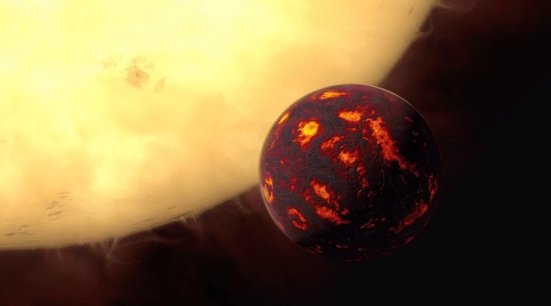 An artist’s impression of the planet Janssen, which orbits its star so closely that its entire surface is a lava ocean that reaches temperatures of around 2,000 degrees Celsius. CREDIT: ESA/Hubble, M. Kornmesse