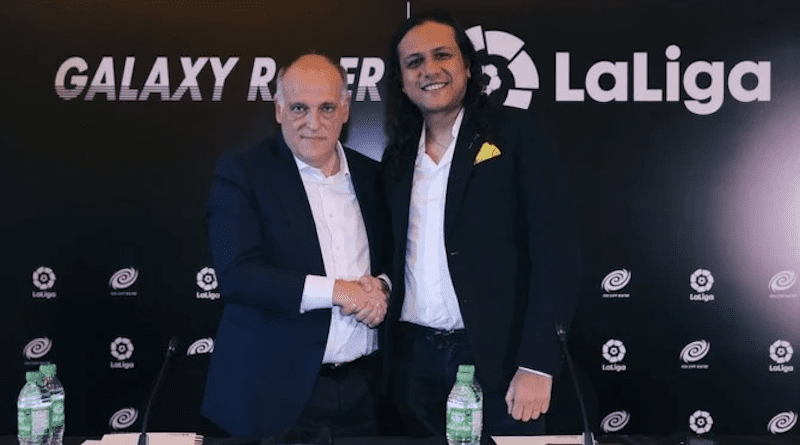 LaLiga President Javier Tebas, left, and Galaxy Racer Founder and Chairman Paul Roy. (Photo/LaLiga)