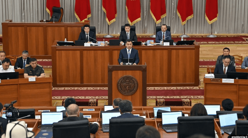 Kyrgyzstan President Sadyr Japarov peaks in parliament in June. Photo Credit: president.kg