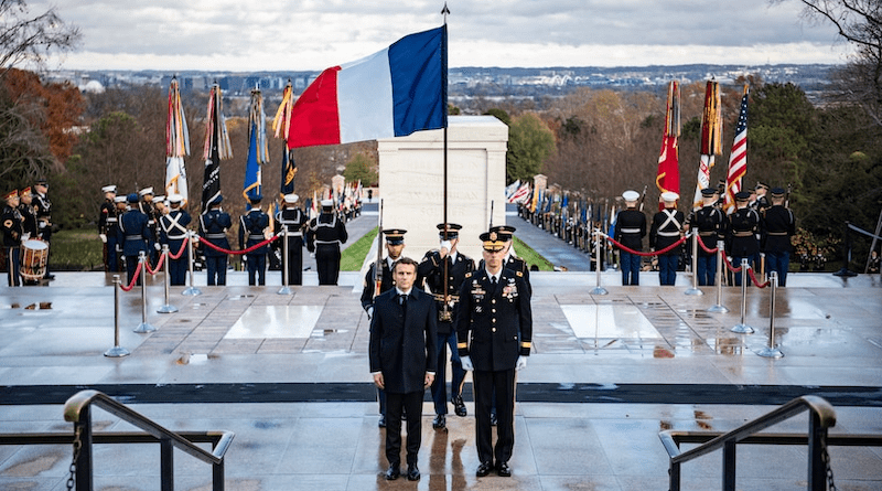 French President Emmanuel Macron, left front, and Army Maj. Gen. Allan M. Pepin, right front, commanding general of Joint Forces Headquarters – National Capital Region and the U.S. Military District of Washington, participate in a wreath-laying ceremony at the Tomb of the Unknown Soldier at Arlington National Cemetery in Arlington, Va., Nov. 30, 2022. Photo Credit: Elizabeth Fraser, Army