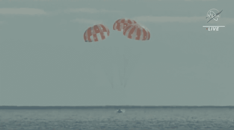 NASA's Orion spacecraft shown splashing down in the Pacific Ocean, west of Baja California, at 9:40 a.m. PST Sunday, Dec. 11. Credits: NASA
