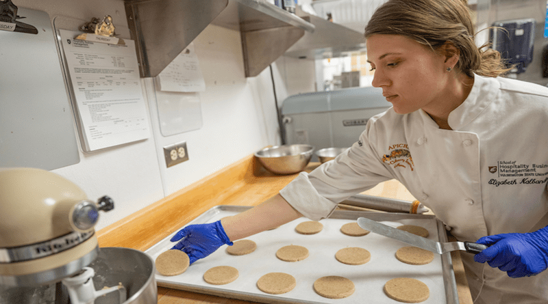 Elizabeth Nalbandian, study first author and WSU food science graduate student, prepares some sugar cookies made with quinoa flour for baking. CREDIT: Shelly Hanks, Washington State University