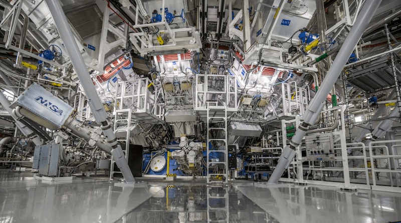 The target chamber of LLNL’s National Ignition Facility, where 192 laser beams delivered more than 2 million joules of ultraviolet energy to a tiny fuel pellet to create fusion ignition on Dec. 5, 2022. Photo Credit: Lawrence Livermore National Laboratory (LLNL)