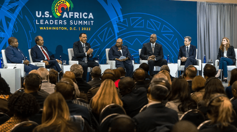 President of Mozambique Filipe Nyusi; President of Somalia Hassan Sheikh Mohamud; President of Niger Mohamed Bazoum; former assistant secretary of state for African affairs, Jendayi Frazer; Secretary of Defense Lloyd J. Austin III; Secretary of State Antony Blinken; and Samantha Power, administrator of the United States Agency for International Development, participate in the U.S.-Africa Leaders Summit's Peace and Security Governance Forum at the Walter E. Washington Convention Center in Washington, D.C., Dec. 13, 2022. Photo Credit: Chad McNeeley, DOD