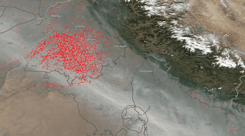 Smoke and haze in northern India along with agricultural fires mainly in the state of Punjab on November 6, 2016. The active fire hotspots, outlined in red, are detected by the Visible Infrared Imaging Radiometer Suite (VIIRS) sensor aboard NASA/NOAA's Suomi-NPP satellite. CREDIT: NASA Worldview
