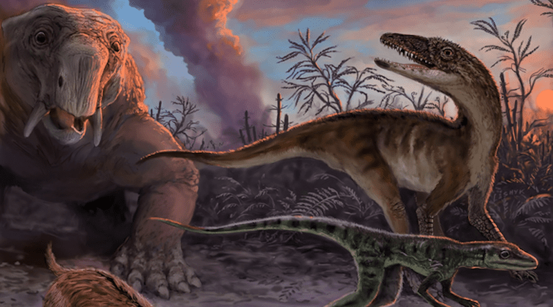 Dinosaur ancestors are shown in this artist's conception of life in the Chañares formation approximately 235 million years ago CREDIT: Victor O. Leshyk, www.paleovista.com