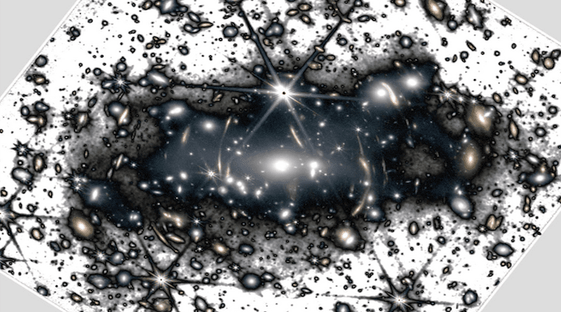 Image of the intracluster light of the cluster SMACS-J0723.3-7327 obtained with the NIRCAM camera on board of JWST. The data have been processed by the IAC team to improve the detection of the faint light between the galaxies (black and white). Credit: NASA, ESA, CSA, STScI