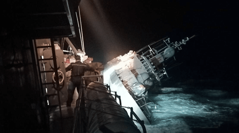 Thailand's corvette HTMS Sukhothai listing starboard after taking on water on Dec. 18, 2022. Photo Credit: Royal Thai Navy