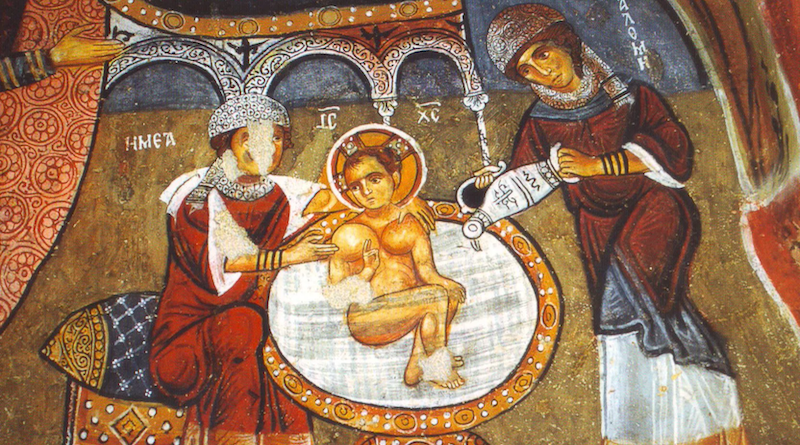 Salome (right) and the midwife "Emea" (left), bathing the infant Jesus, are common figures in Orthodox icons of the Nativity of Jesus; here in a 12th-century fresco from Cappadocia. | Public Domain