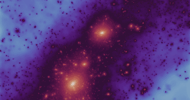 One of the new high-resolution simulations of the dark matter enveloping the Milky Way and its neighbour, the Andromeda galaxy. The new study shows that earlier, failed attempts to find counterparts of the plane of satellites which surrounds the Milky Way in dark matter simulations was due to a lack of resolution. CREDIT: Till Sawala/Sibelius collaboration
