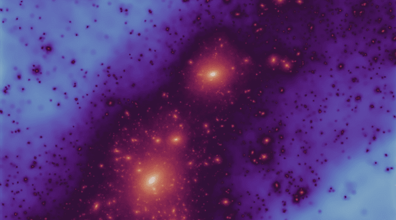 One of the new high-resolution simulations of the dark matter enveloping the Milky Way and its neighbour, the Andromeda galaxy. The new study shows that earlier, failed attempts to find counterparts of the plane of satellites which surrounds the Milky Way in dark matter simulations was due to a lack of resolution. CREDIT: Till Sawala/Sibelius collaboration