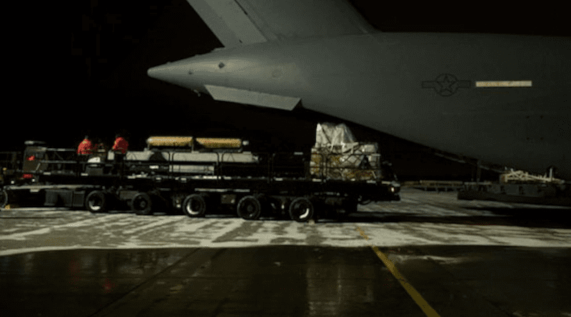 Air Force airmen offload cargo bound for Ukraine at a staging area in Europe, Dec. 14, 2022. Photo Credit: Air Force Staff Sgt. Christian Sullivan