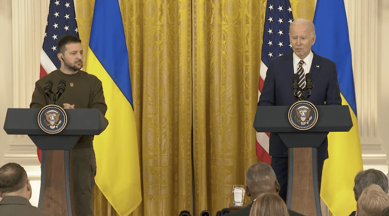 Ukraine's President Volodymyr Zelenskyy with US President Joe Biden. Photo Credit: White House video screenshot