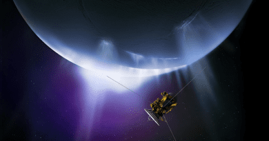 Artist's impression of the Cassini spacecraft flying through plumes erupting from the south pole of Saturn's moon Enceladus. These plumes are much like geysers and expel a combination of water vapor, ice grains, salts, methane and other organic molecules. CREDIT: NASA/JPL-Caltech