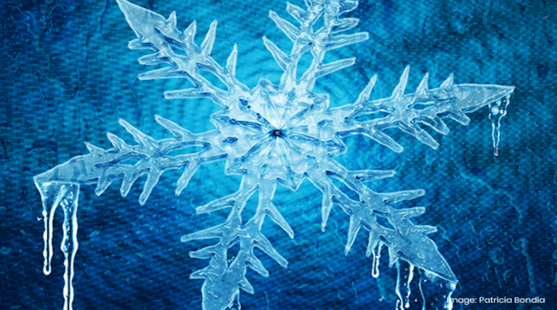 A crystalline lattice melting, artistically represented here as a snowflake, is superimposed upon it's coherent X-ray scattering pattern CREDIT: ICFO/ Patricia Bondia
